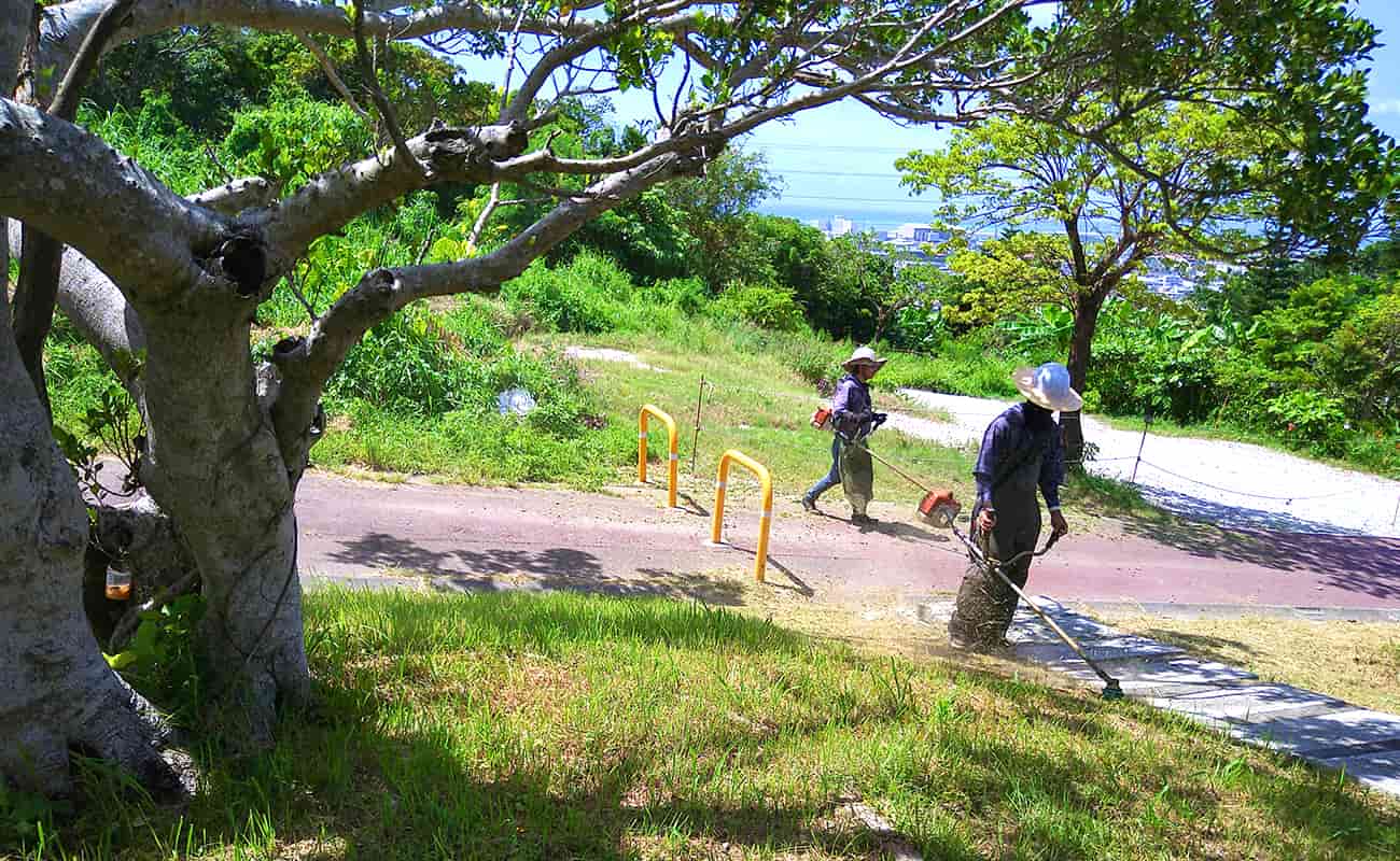 mowing-work-03 ホープうるまの利用者が公園の清掃作業をしている様子